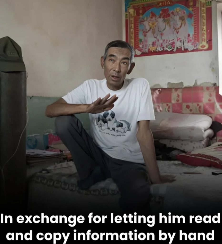 An elderly Chinese farmer holding legal books, representing self-education and justice